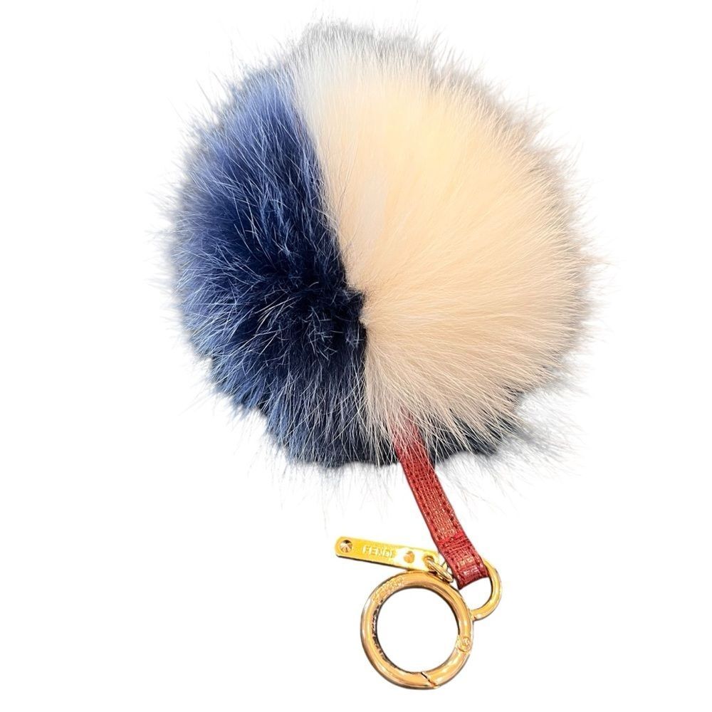 Authentic Fendi Pom Pom Fur Bag Charm /Key Ring White Navy - Picture 2 of 4